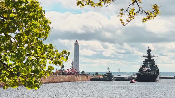 Warships of the Most Powerful Military Forces in the Parking Lot in the City of Kronstadt on a Sunny