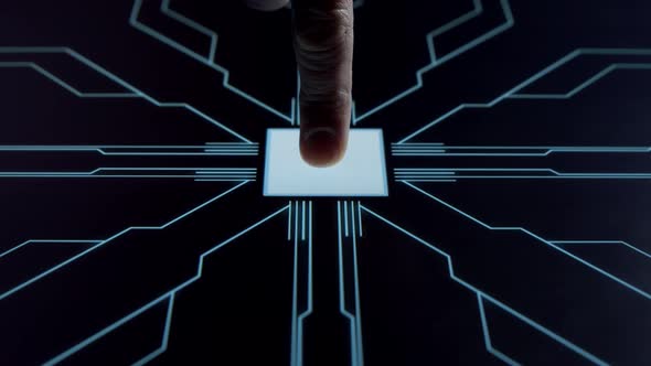 Human finger is pressing a digital button on a glowing touchscreen.