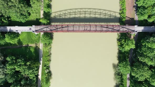 Flight along river Isar and historical bridge Bockerbruecke