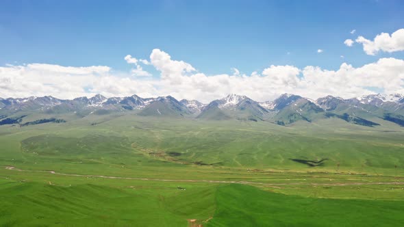 Vast grasslands and mountains in a fine day