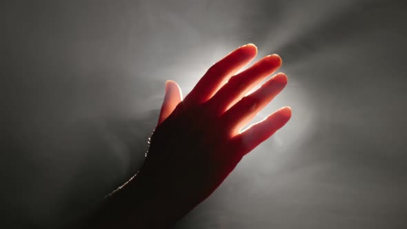 Female Hand Gently Touches the Sun or Spotlight