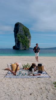 Koh Poda Island Krabi Thailand Couple Men and Woman on a Tropical Beach in Thailand Having a Picnic