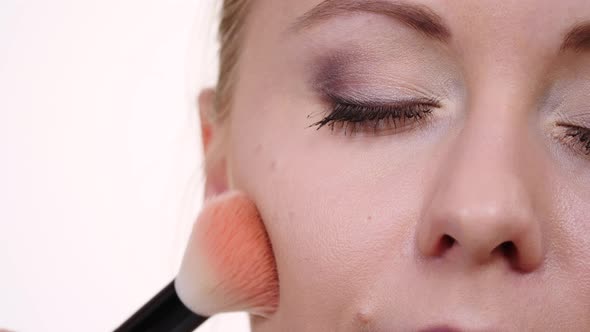 Makeup Artist Applying Bronzer With Brush.