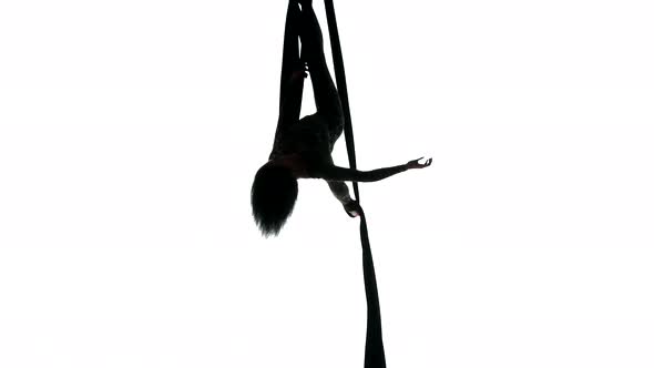 Woman Dancer on Aerial Silk, Aerial Contortion, Aerial Ribbons, Aerial Fabric in Posing Exercise