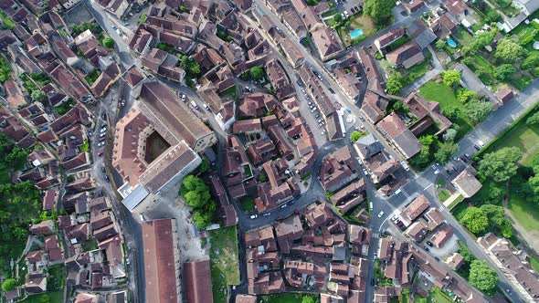 Village of Saint-Cyprien in Perigord in France seen from the sky