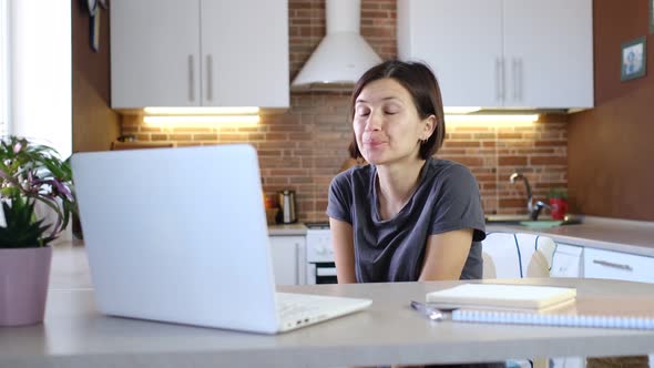 Smiling Young Woman Blogger Influencer Sit at Home Speaking Looking at Camera