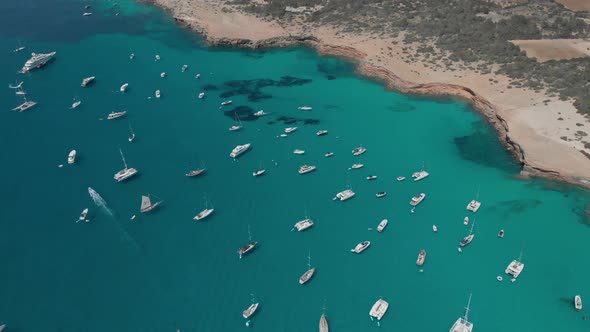 Aerial View of Many Yachts in a Bay on Formentera Island