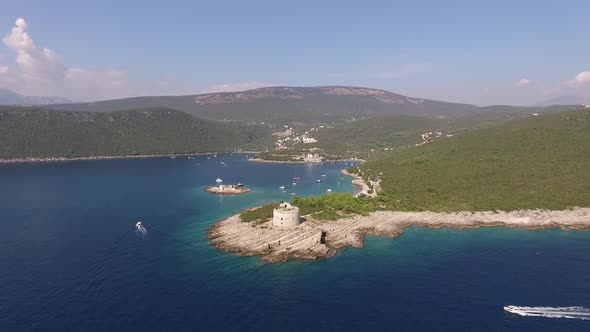 Drone View of the Arza Fortress on the Peninsula at the Mouth of the Bay of Kotor