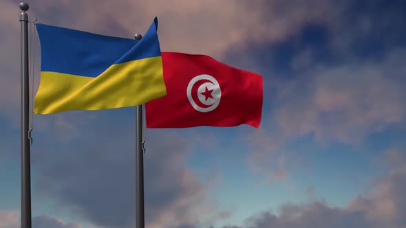 Tunisia Flag Waving Along With The National Flag Of The Ukraine - 4K