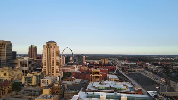 Urban City Buildings of Downtown St. Louis, Missouri - Aerial Establishing Drone view. Copy Space fo