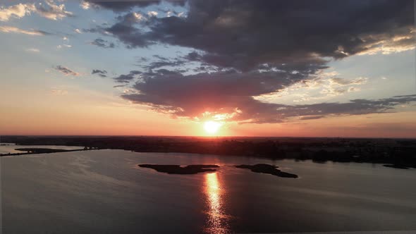 Beautiful panorama sunrise reflecting off Moses Lake, Washington, aerial