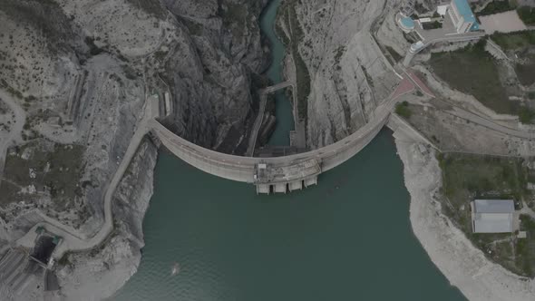 Water Reservoir and a Dam in Dagestan Aerial View of the Concrete Dam Chirkei Famous Hydroelectric