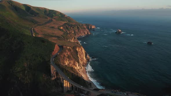 Aerial Cinematic Video of Famous Landmark Amazing Bridge at Sunset, USA 