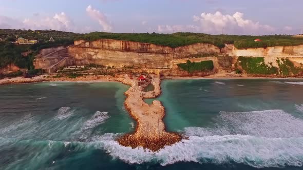 Aerial View of a Rocky Beach Coast Line and Huge Waves on Bali