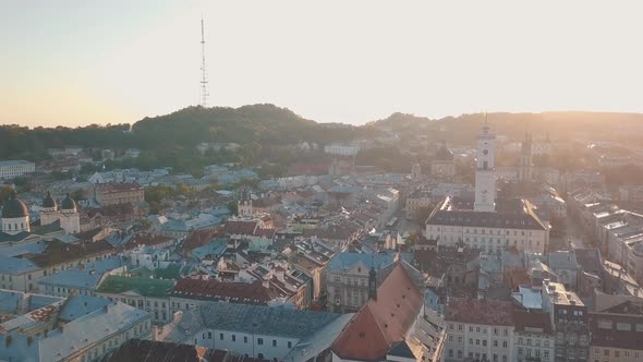 Aerial City Lviv, Ukraine, European City, Popular Areas of the City, Town Hall