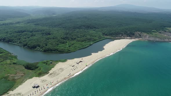 Amazing drone aerial landscape of the beautiful Veleka river flowing into Black Sea near Sinemorets,