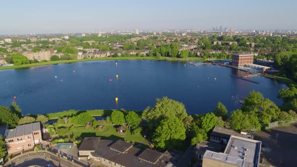 Aerial Drone footage of Woodberry Down, London, England on a sunny day
