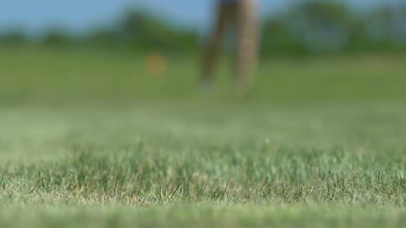 Happy Golfer Making Shot and Putting Ball Into Hole, Success, Victory, Close-Up