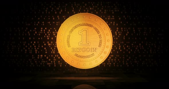 Bitcoin cryptocurrency golden coin loop on digital background