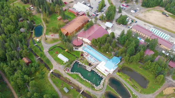 4K Drone Video of Convention Center at Chena Hot Springs Resort near Fairbanks, Alaska in Summer