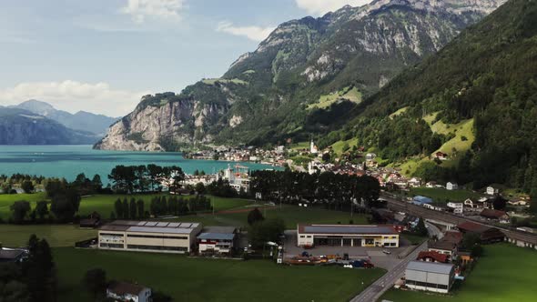 A Town on the Lake with a View of the Mountain Valley Drone Video