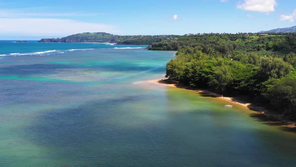 Aerial View Flying Along Kauai Hawaiian Coast Shoreline