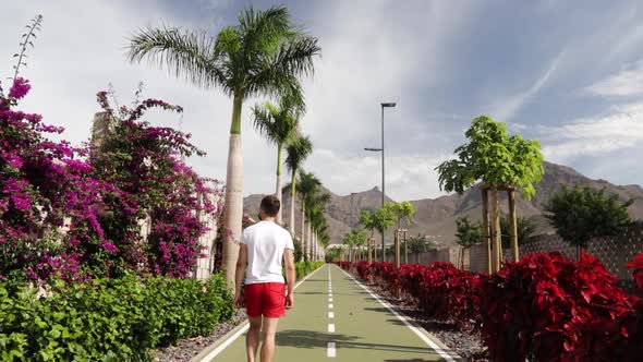 A person walking on a path that is surrounded by palm trees and flowers at Costa Adeje, Tenerife