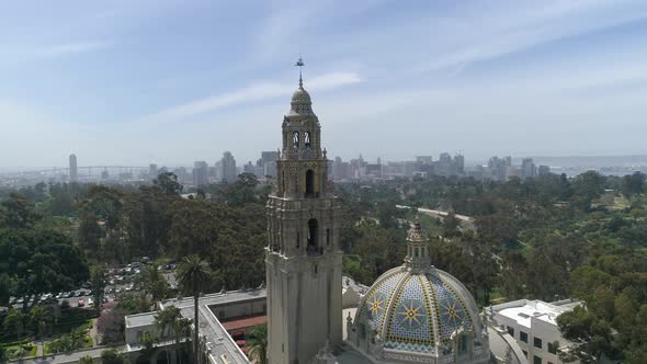 Aerial view of an ornate tower and dome