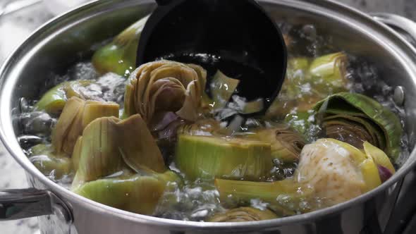 Boiling and Cooking Artichokes in Saucepan