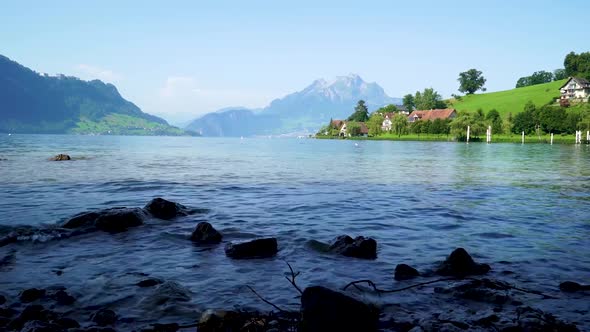 Swiss mountains, lakes and meadows.