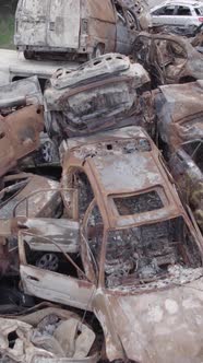 Vertical Video of a Dump of Destroyed Cars During the War in Ukraine