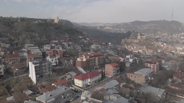 Tbilisi, Georgia - April 3 2021: Flying over Ortachala district in old Tbilisi.