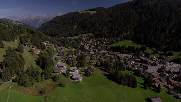 Aerial Landscape Flight Over The Village, Morgins, Switzerland