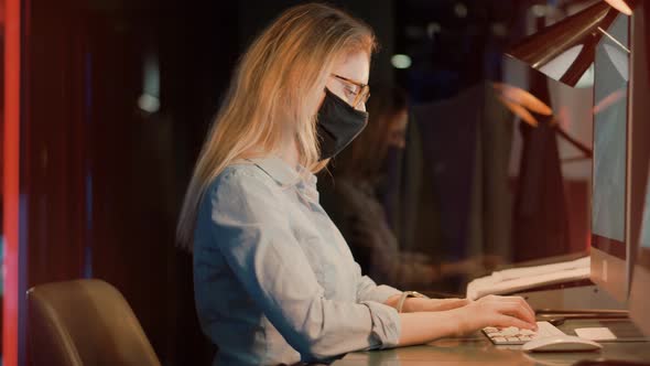 Businesswoman In Mask Protection. Girl In Face Mask Working In Office. Distance Working Webcam.