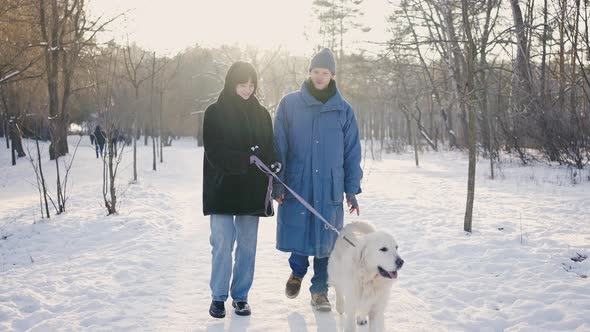 Loving Couple Walks in a Winter Snowy Park with a Dog