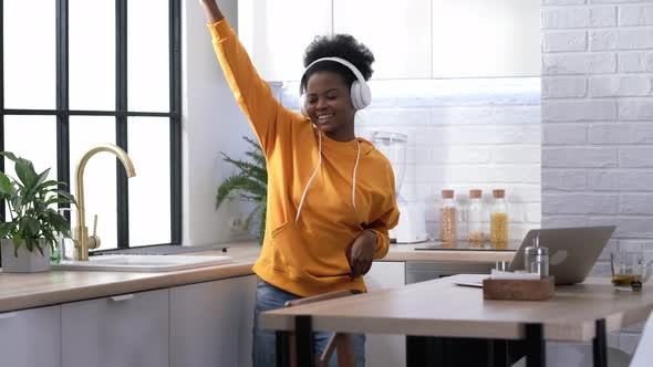 African American Black Handsome Woman Dancing with Headphones Enjoy Life Listening Favourite Music