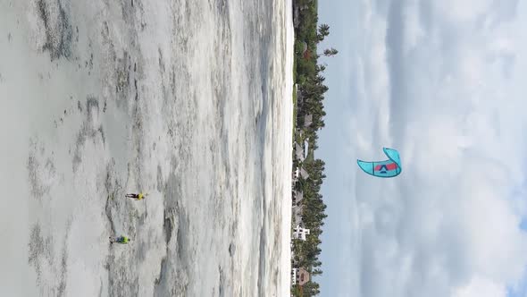 Vertical Video of Low Tide in the Ocean Near the Coast of Zanzibar Tanzania Aerial View