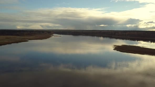 Aerial the Morning Drone, Amazing Autumn Sunrise, Reflections on Water Surface