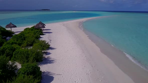 Drone seascape of lagoon beach journey by clear ocean with sand background