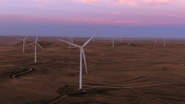 Aerial shots of a wind farm near Calhan in Colorado around sunset