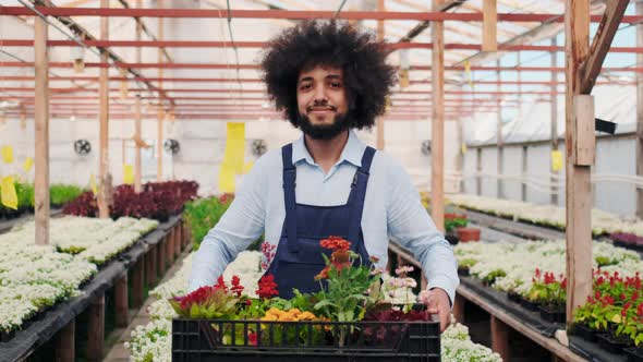 Portrait of Happy Smiling Handsome Middle Aged Seller Man in Supermarket or GreenHouse