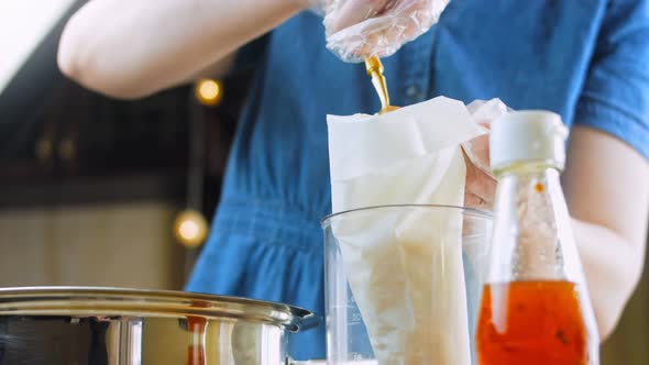 The Chef Puts the Mashed Potatoes in the Food Bag for the Forms