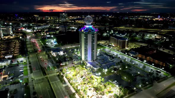 Sunset cityscape Orlando Florida United States. Tourism landmark.