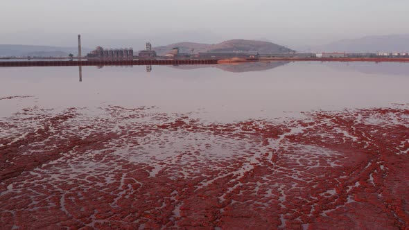 Crust on the edge of bauxite tailings (red mud) dump pond containing toxic waste