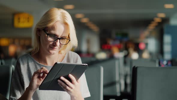 A Woman with Glasses and Summer Clothes Is Waiting for Her Flight at the Terminal of the Airport