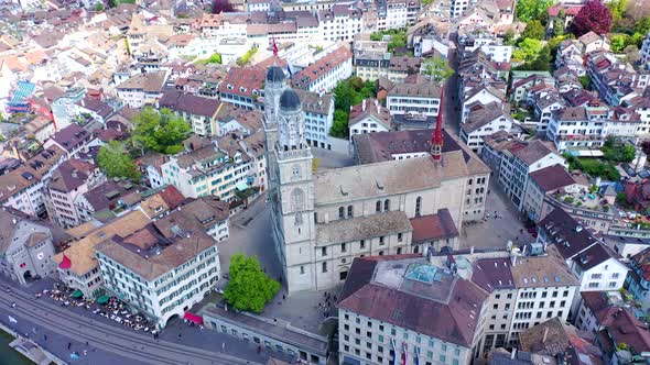 Zurich church Grossmunster -  Top View Aerial