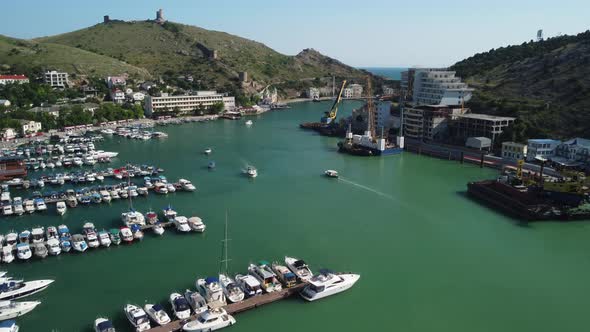 Aerial Panoramic View of Balaklava Landscape with Boats and Sea in Marina Bay