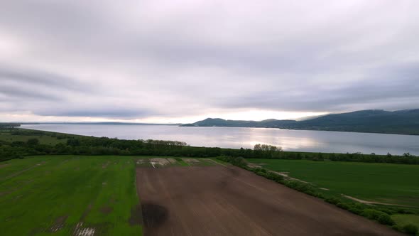 Aerial view of Zemplinska Sirava reservoir in Slovakia - Sunset