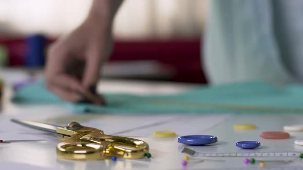 Lady Working in Show Room, Producing Decorations, Sewing Accessories Closeup