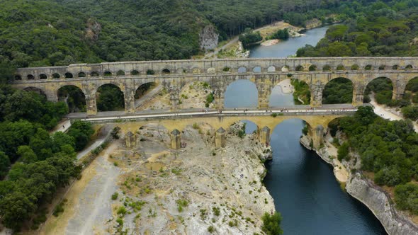 Aerial bird view footage Pont du Gard 